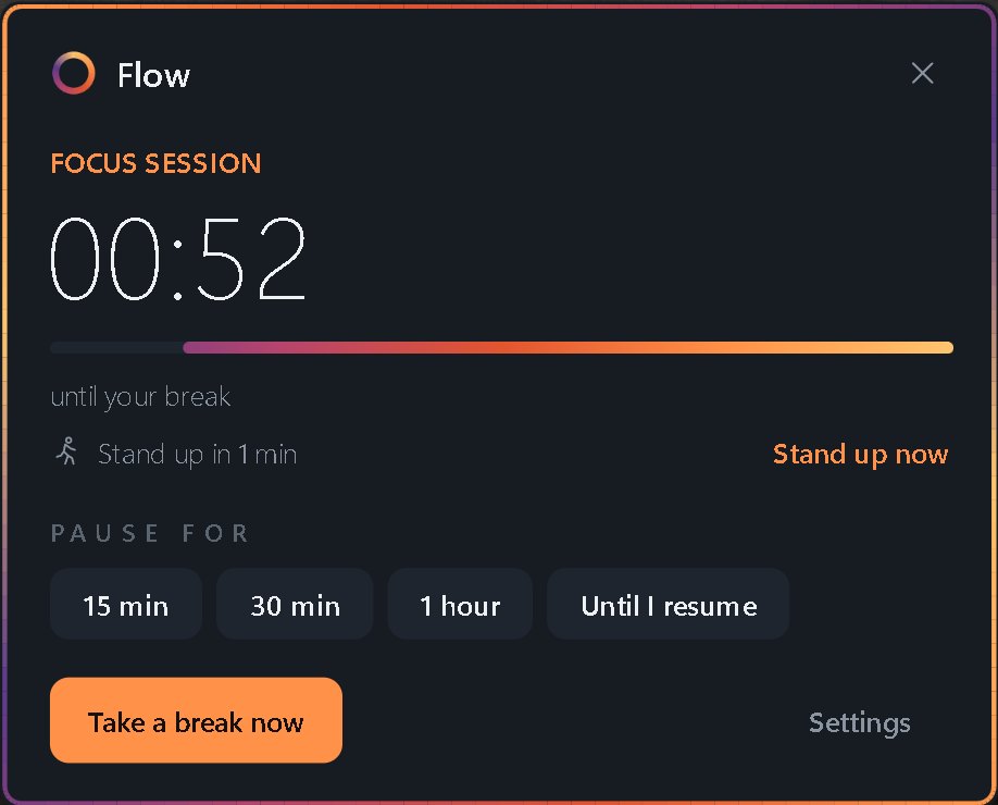 Flow session panel with the focus timer