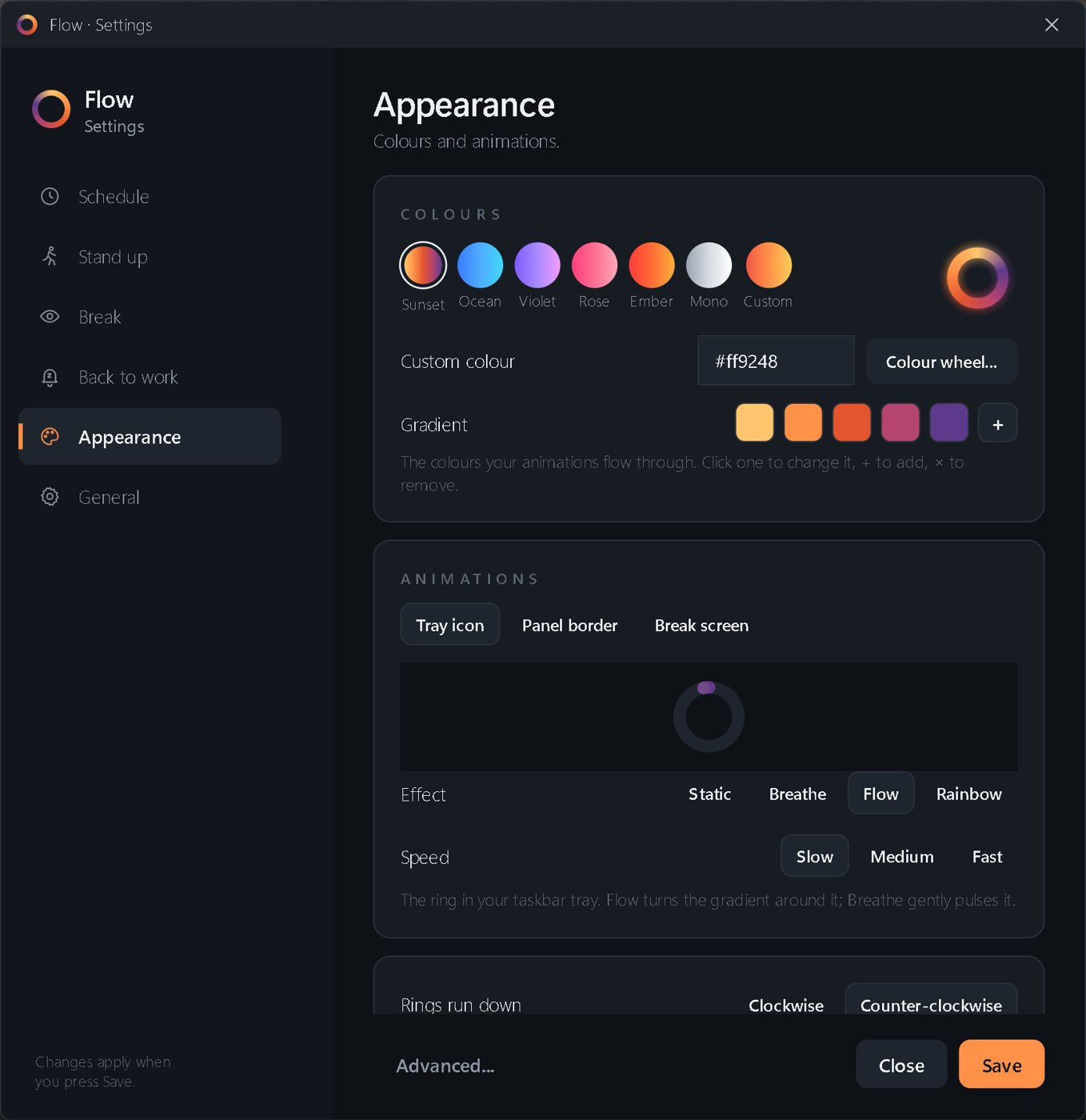 Flow settings, Appearance page