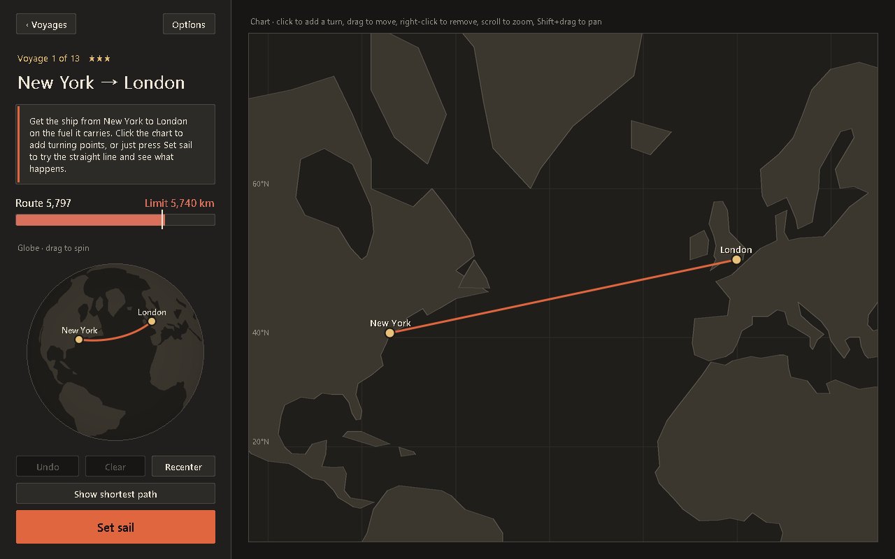 Tabi: planning a route from New York to London, with the fuel bar and globe